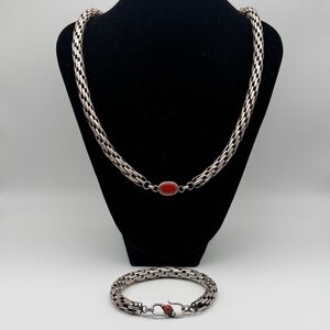VINTAGE TIBETAN STERLING SILVER & CORAL NECKLACE AND BRACELET SET